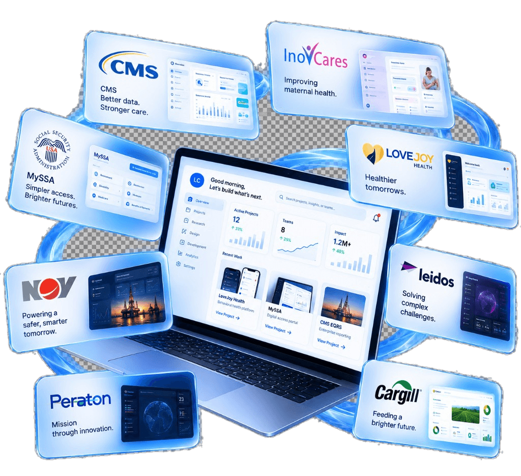 Product work across healthcare, government, and enterprise — LoveJoy Health, MySSA, CMS, NOV, and more